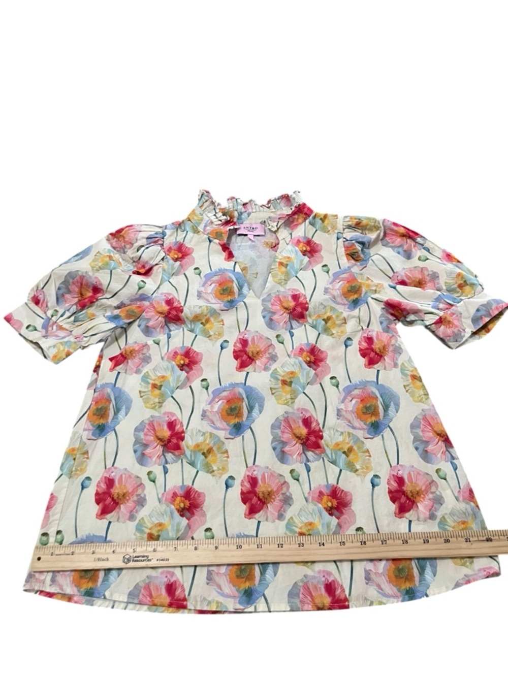 Entro Floral Poppy Ruffle Neck Puff Sleeve Blouse Size Small - Picture 11 of 13